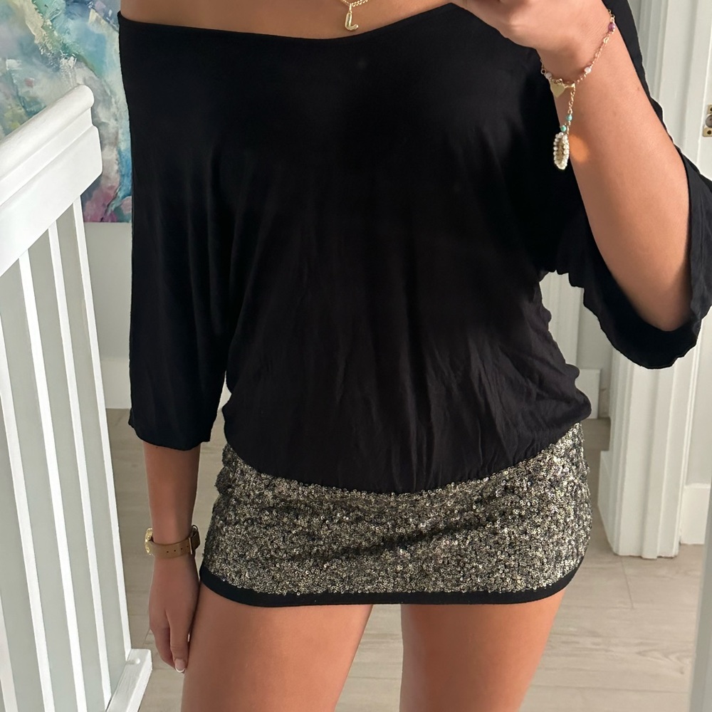Black Off-Shoulder Top with Attached Sequin Skirt